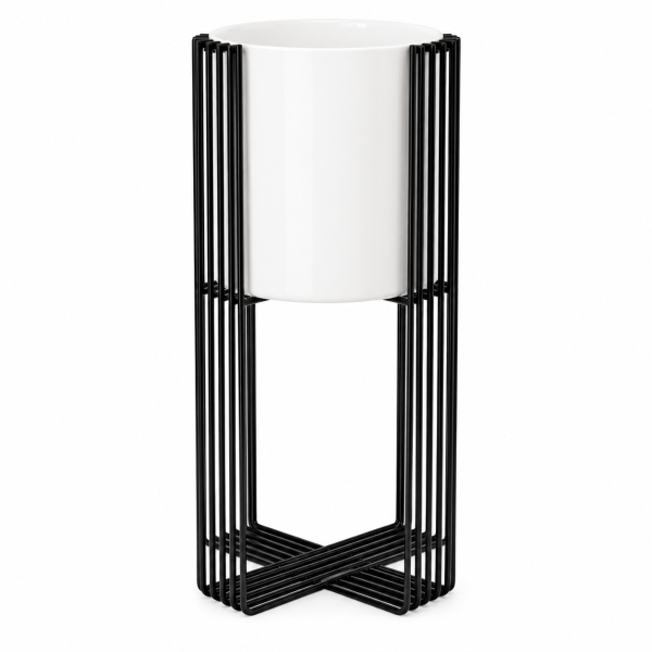 Modern White Metal Planter with Black Stand