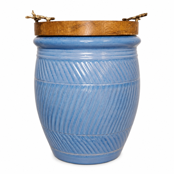 Blue Ribbed Ceramic Storage Jar with Wooden Lid